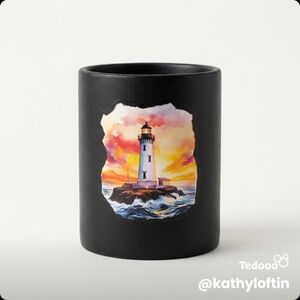 Lighthouse Pen Cup with Sunset Illustration - Black
